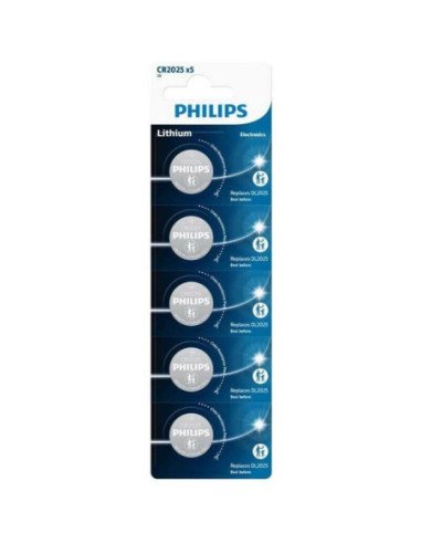 Pack de 5 pilas de botón philips cr2025p5/01b lithium/ 3v